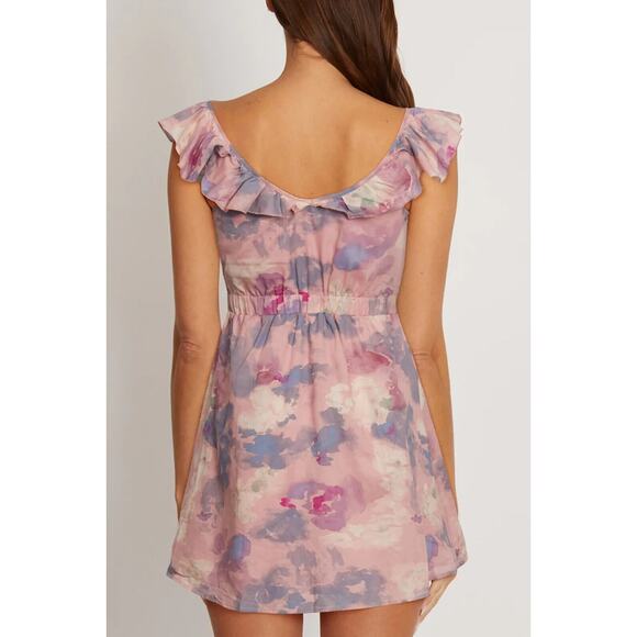 Wildfox Blair Dress Women L Large Soft Abstract Watercolor Ruffled V Neck A Line - Picture 13 of 14